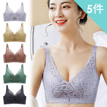 【enac 依奈川】5件組 ☆ 樹葉蕾絲小胸聚攏無鋼圈內衣/性感內衣/女內著/無痕內衣(隨機)