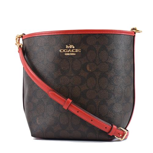 COACH City 緹花LOGO防刮磁釦肩背/斜背二用包-咖啡紅