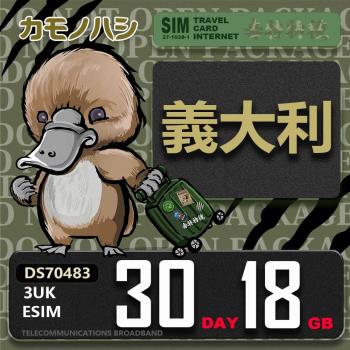 【鴨嘴獸 旅遊網絡卡】3UK eSIM 歐洲 義大利 30天18GB 用完斷網 歐洲上網絡卡 免換卡