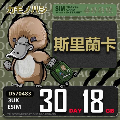 【鴨嘴獸 旅遊網卡】3UK eSIM  歐洲 斯里蘭卡 30天18GB 用完斷網  歐洲上網卡 免換卡