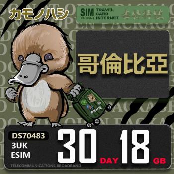 【鴨嘴獸 旅遊網絡卡】3UK eSIM 歐洲 哥倫比亞 30天18GB 用完斷網 歐洲上網絡卡 免換卡