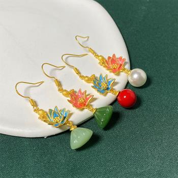 ANGEL 平安蓮花和田玉紅松石垂墜耳環(4色可選)