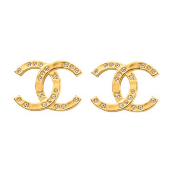 CHANEL ABE517 經典雙C LOGO質感星飾水鑽貼耳針式耳環.金