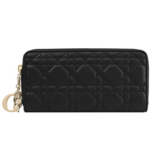 Christian Dior LADY DIOR 經典藤格紋小羊皮綴飾ㄇ字拉鍊長夾.黑