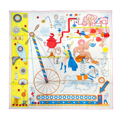 Hermes Tea For Two Tea 90 雙人品茶粉邊絲巾/方巾(亮黃/奶油色)