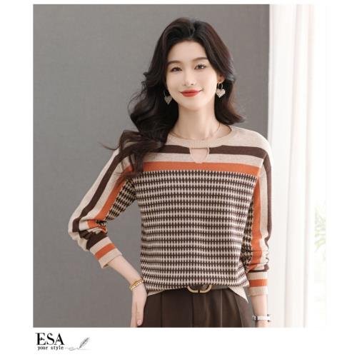 【ESA伊裳】英式典雅氣質幾何條紋針織印花上衣