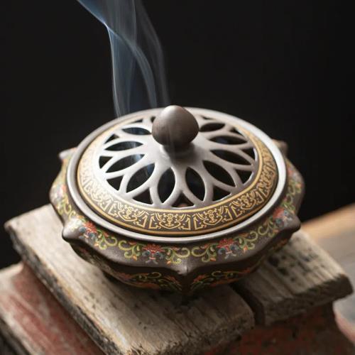 【A&R】招財開運陶瓷琺瑯彩 - 琳瑯六角盤香爐(祈福 拜拜 淨化除穢 臥室用香 禮佛 香薰爐)