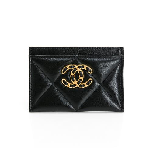 CHANEL香奈兒 19經典皮穿鏈卡夾(黑/金)