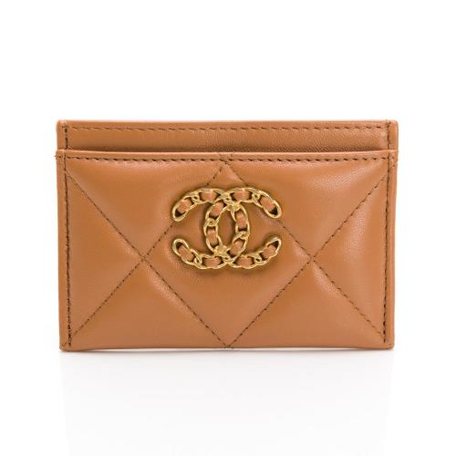 CHANEL香奈兒 19系列 經典雙C 皮穿LOGO菱格紋卡片夾(深焦糖色)