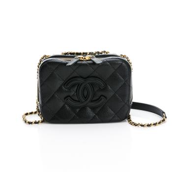 CHANEL香奈兒 經典雙C LOGO菱格紋小牛皮鏈帶相機包/斜揹包(黑色/金鍊)