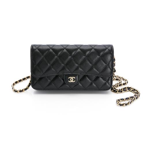 CHANEL 香奈兒 經典金屬雙C LOGO菱格粒紋牛皮雙層斜背包(黑)woc