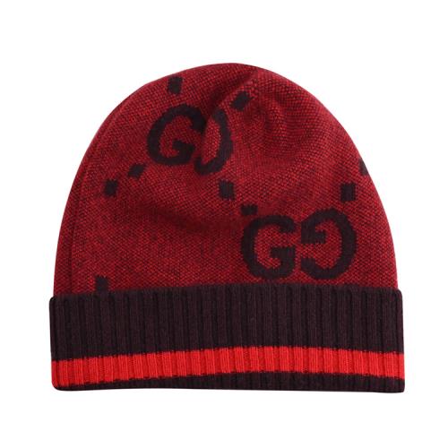 GUCCI 676827 經典GG印花條紋款羊毛保暖毛帽.黑/紅