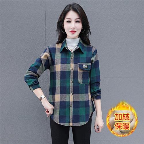 【韓國K.W.】現貨韓國新款顯瘦搭配格子保暖加絨外套(中長版外套/立領外套/加絨外套)