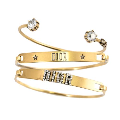 Christian Dior 復古刻印LOGO水鑽鑲嵌三環設計手環.金