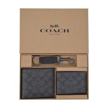 【COACH】經典滿版 LOGO PVC防刮皮革男款8卡短夾禮盒(附證件夾/炭黑)