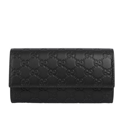 GUCCI GG Logo 滿版壓紋牛皮翻蓋二折長夾(黑色)