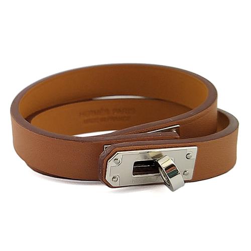 HERMES MINI KELLY 棕色Swift牛皮銀釦雙圈手環