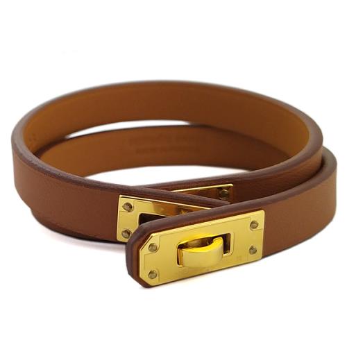 HERMES MINI KELLY 棕色Swift牛皮金釦雙圈手環