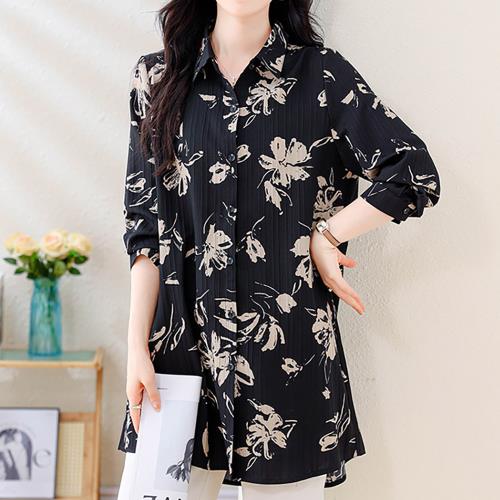 麗質達人 - 8334黑色長印花襯衣-LY