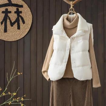 【米蘭精品】真羽絨90%鴨絨羽絨外套夾克-高階感針織翻領休閒保暖坎肩女夾克3色74jx83