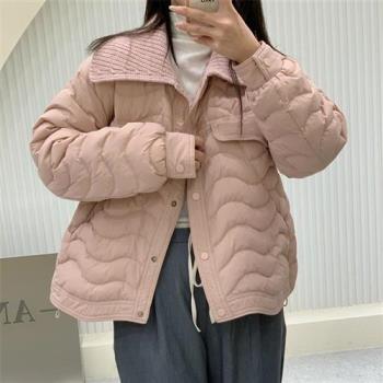 【米蘭精品】真羽絨90%鴨絨羽絨外套夾克-高階白鴨絨甜美針織大翻領拼接女夾克2色74jx37