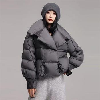 【米蘭精品】真羽絨90%鴨絨羽絨外套夾克-高奢針織拼接大翻領磁吸扣女夾克5色74jx28