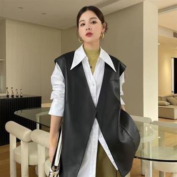 【巴黎精品】皮衣背心真皮夾克-羊皮春秋簡約百搭馬甲女外套黑色a1iw1