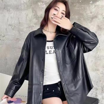 【巴黎精品】皮衣外套真皮夾克-羊皮秋冬新款寬鬆女外套黑色a1iw23