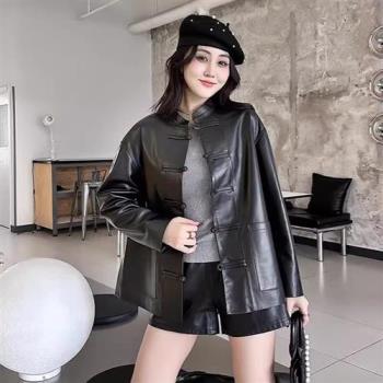 【巴黎精品】皮衣外套真皮夾克-羊皮寬鬆國風唐裝女外套黑色a1iw25