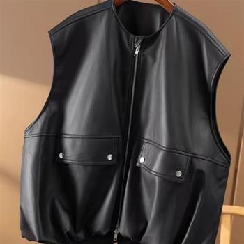 【巴黎精品】皮衣背心真皮夾克-羊皮寬鬆輪廓輕塗馬甲女外套黑色a1iw2