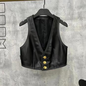 【巴黎精品】皮衣背心真皮夾克-羊皮復古三粒扣時尚馬甲女外套黑色a1iw8