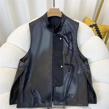 【巴黎精品】皮衣背心真皮夾克-羊皮新款顯瘦珍珠盤扣馬甲女外套黑色a1iw9