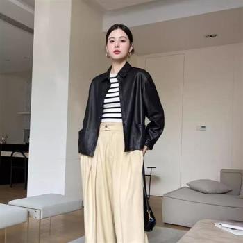 【巴黎精品】皮衣外套真皮夾克-羊皮短版寬鬆休閒女外套黑色a1iw13