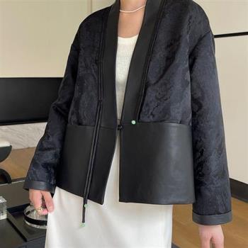 【巴黎精品】皮衣外套真皮夾克-羊皮中國風提花拼接女外套黑色a1iw14