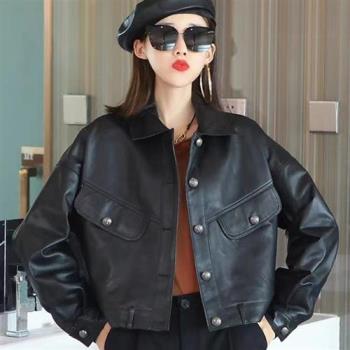 【巴黎精品】皮衣外套真皮夾克-羊皮百搭翻領機車女外套黑色a1iw21
