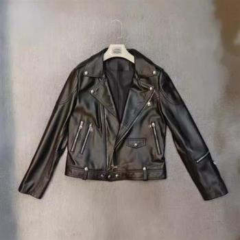 【巴黎精品】皮衣外套真皮夾克-羊皮顯瘦翻領機車女外套黑色a1iw36
