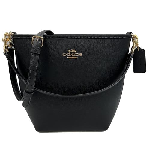 【COACH】新款素面牛皮肩背斜背兩用水桶包(黑)