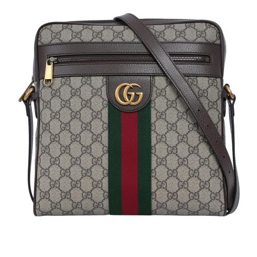 GUCCI Ophidia 綠紅織帶中款郵差包/斜背包(米色/烏木色)