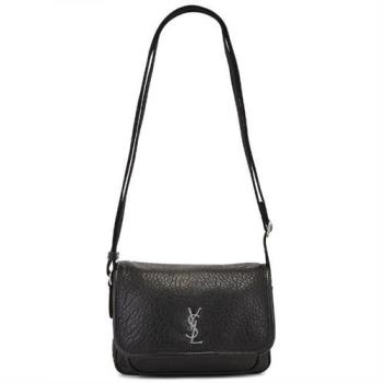 YSL 專櫃經典款 NIKI系列銀色金屬LOGO粒面小羊皮翻蓋肩 斜揹包/郵差包