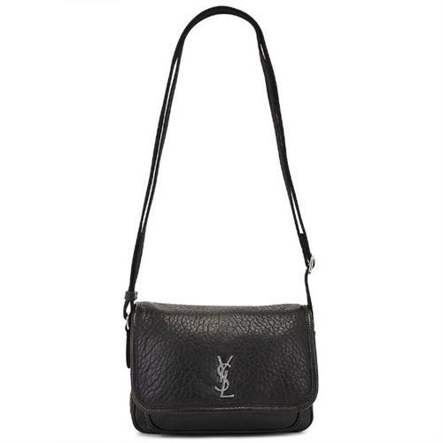 YSL 專櫃經典款 NIKI系列銀色金屬LOGO粒面小羊皮翻蓋肩 斜背包/郵差包
