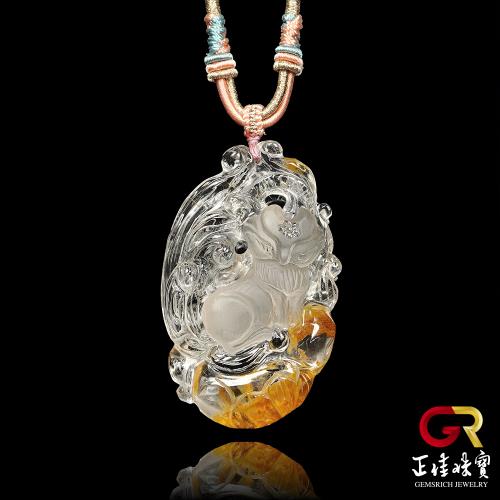 【正佳珠寶】膠花水晶 頂級膠花九尾狐貍 53.8g 膠花水晶吊墜