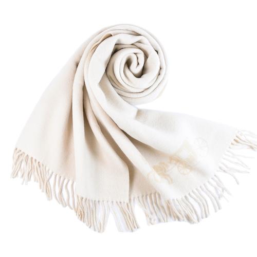 COACH 馬車LOGO寬版羊毛流蘇圍巾-卡其/米