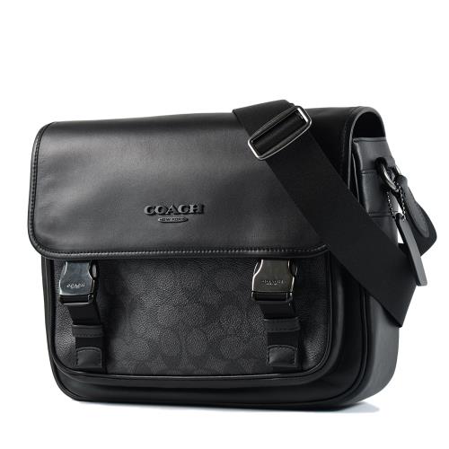 COACH 男款 緹花LOGO防刮拚牛皮雙釦翻蓋郵差包-黑色