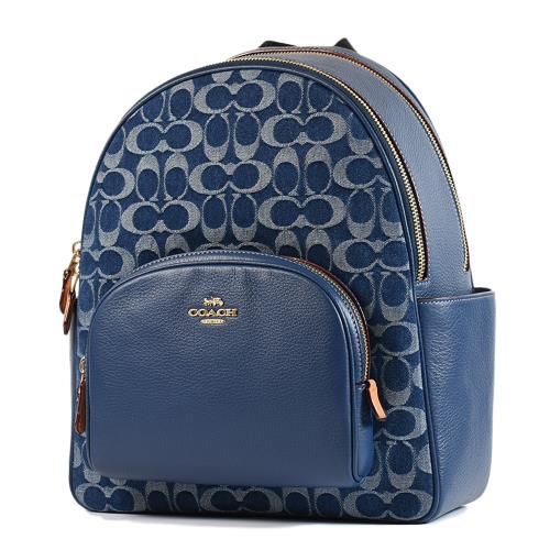 COACH 緹花LOGO布拼皮革雙側置物拉鍊後背包-單寧藍