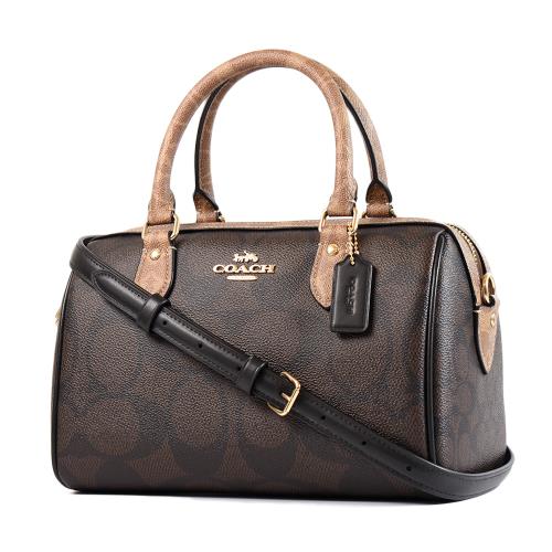 COACH 配色大C防刮皮革手提/斜背二用波士頓包-咖啡/棕褐