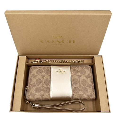 【COACH】C LOGO雙吊飾手掛長夾禮盒(金)