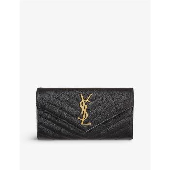 YSL MONOGRAM系列V字縫線魚子醬牛皮金屬LOGO暗釦長夾/手拿包(金色金屬)