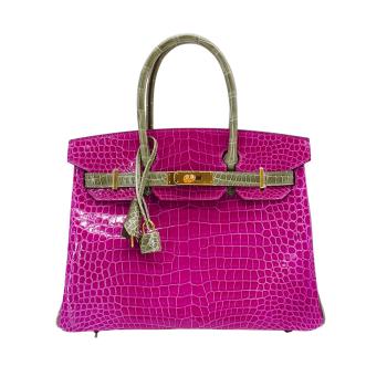 Hermes 展示品 Birkin 鱷魚皮金釦手提鉑金包-30cm(C刻/桃紅/灰)