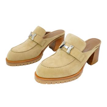 Hermes Flore 60 麂皮銀H高跟穆勒鞋#38(米)
