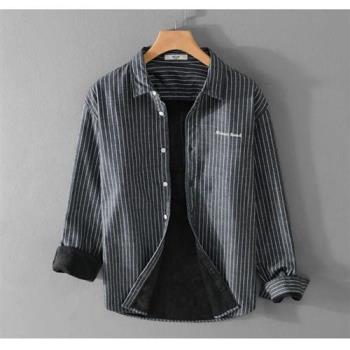 【米蘭精品】襯衫長袖上衣-休閒條紋加厚加絨男裝2色74jt93